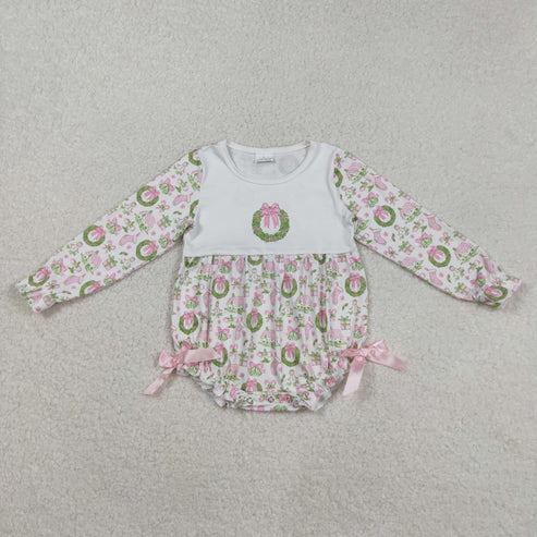 9.17 LR2325 Baby Girls Long Sleeves Pink Gifts Bows Holly Plaid Ruffle Romper