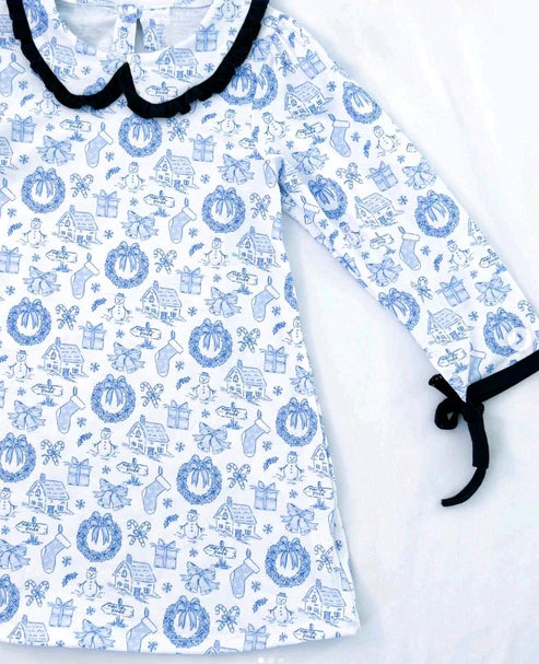 9.29 GLD1346 Baby Girls Blue Snowmen Holly Christmas Knee Length Dresses Preorder