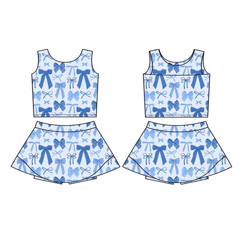 6.7 GSD2640 Baby Girls Sleeveless Blue Bows Plaid Vest Top Short Skirts Yoga Set Preorder
