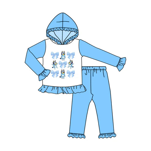 5.26 GLP1949 Baby Girls Blue Dogs Bow Hooded Top Pants Clothes Sets Preorder