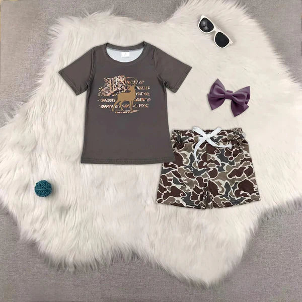 4.29 BT0440+SS0202 Baby Boys Dark Brown Leaves Deer Top Green Camo Pockets Shorts Western Hunting Set