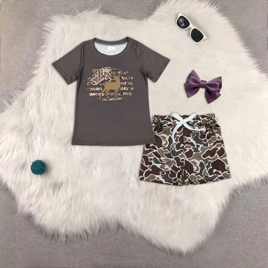 4.29 BT0440+SS0202 Baby Boys Dark Brown Leaves Deer Top Green Camo Pockets Shorts Western Hunting Set