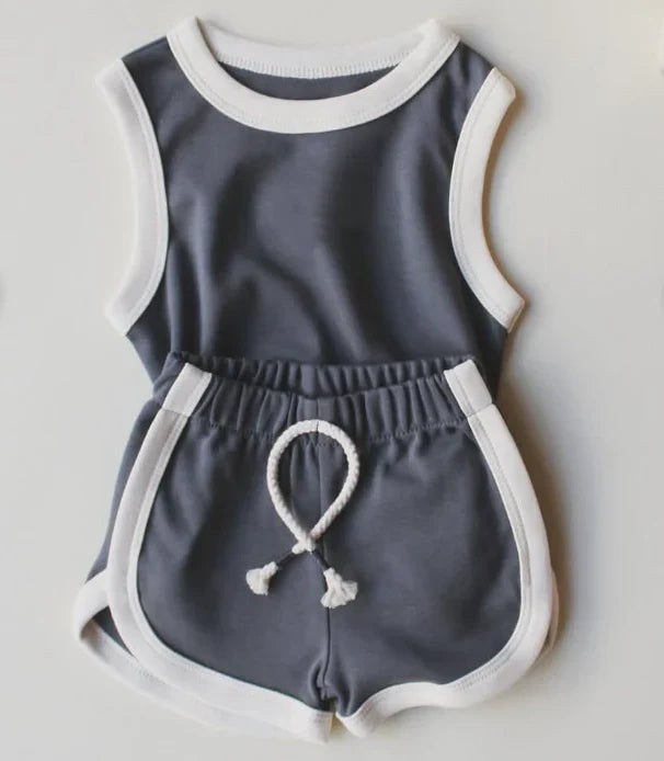 6.18  GSSO2627 Baby Girls Hot Blue Sleeveless Vests Top Sport Shorts Cotton Set Preorder