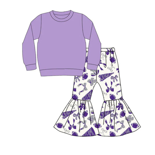 9.5 Custom Moq 5 Baby Girls Lavender Top Team Cheer Go Fight With Flag Bows Bell Bottom Pants Sets