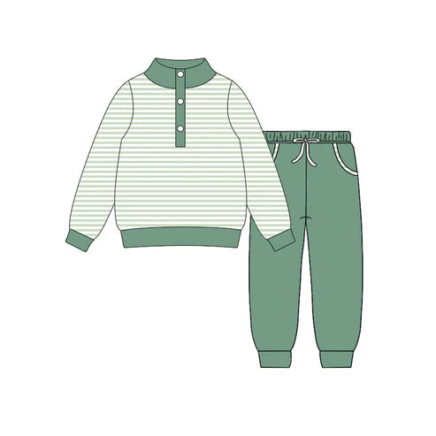 10.27 BLP1341 Baby Boys Green Stripe Button Top Pockets Jogger Clothes Sets Preorder