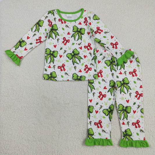 8.15 GLP2628 Baby Girls Long Ruffle Sleeves Green Red Bows Hearts Top Pant Pajamas Set