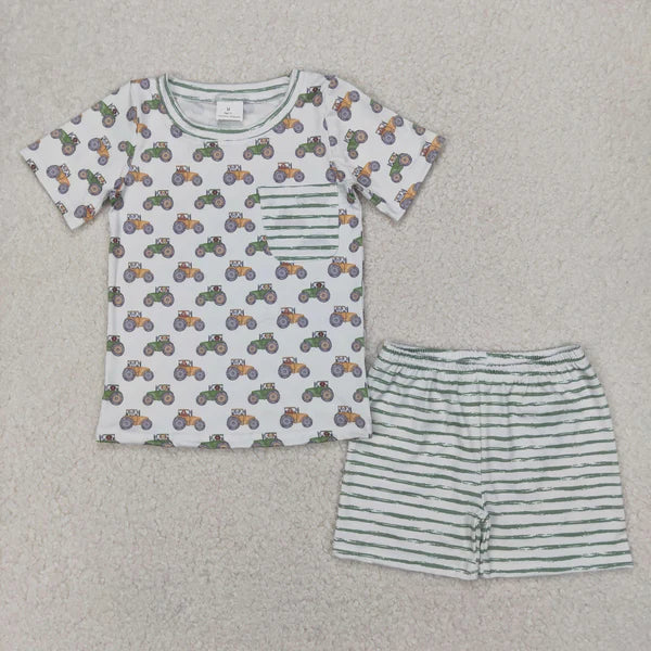 4.8  BSSO1354 Baby Boys Farm Trucks Pocket Shirt Top Tee Shorts Clothes Set