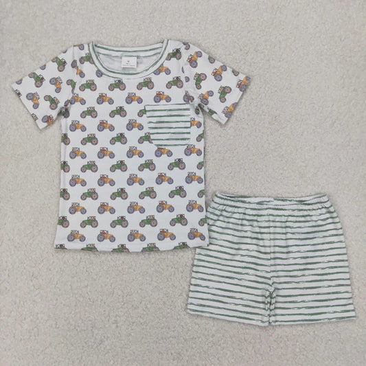 4.8  BSSO1354 Baby Boys Farm Trucks Pocket Shirt Top Tee Shorts Clothes Set