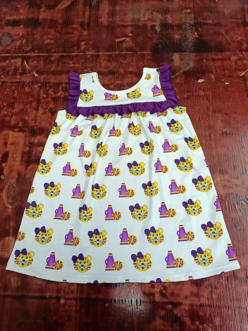 4.26  Preorder moq 3 Baby Girls Purple Sleeveless Tigers Cheer Knee Length Dress