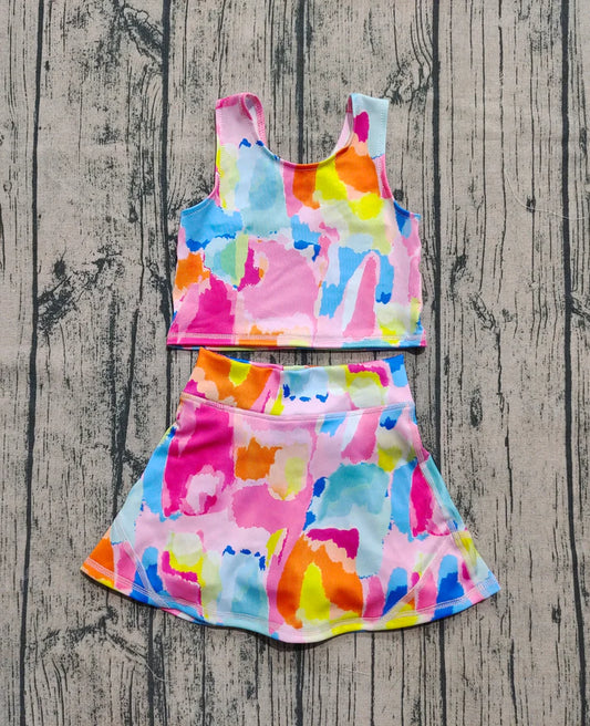 6.13 GSD2625 Baby Girls Sleeveless Watercolor Camo Vest Top Short Skirts Yoga Set Preorder