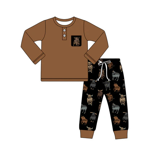 5.24 BLP0923 Baby Boys Western Brown Tops Black Cows Pants Clothes Sets Preorder