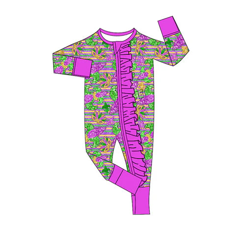 10.20 LR2753 Baby Girls Stripe Anchors Masks Mardigras Ruffle Zipper Footie Rompers Preorder