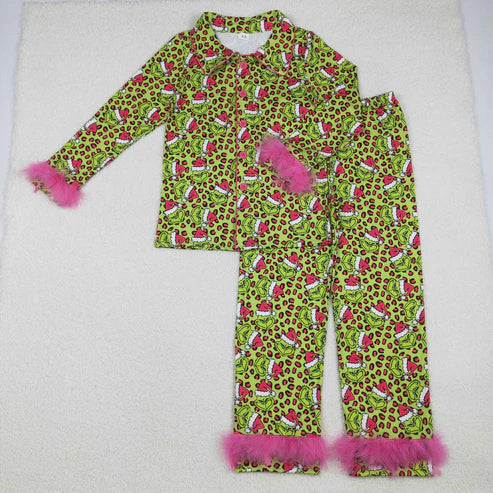 10.22 GLP2670 Adult Women Christmas Green Face Leopard Button Top Pants Fur Pajamas Set