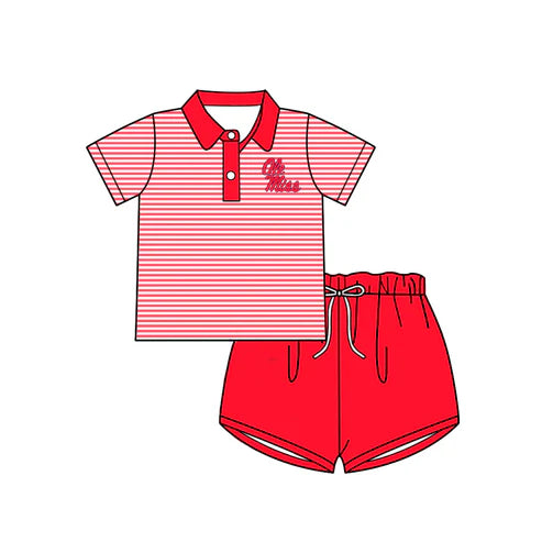 6.21 Custom Moq 3 Baby Boys Red Stripe Short Sleeves Button Ole Miss Top Shorts Team Set