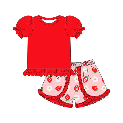 5.16 Preorder(moq 3) Baby Girls Red Short Ruffle Sleeves Tunic Strawberry Flowers Ruffle Short Set