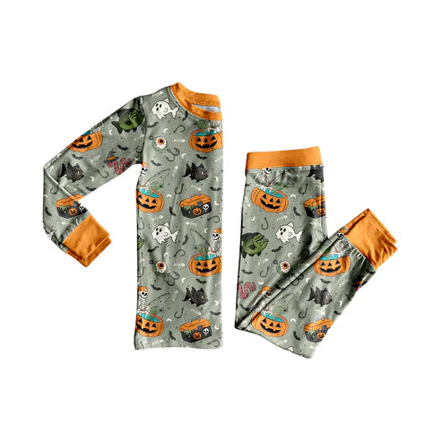 7.25 BLP1190 Baby Boys Long Sleeves Ghost Pumpkins Fishing Top Pant Pajamas Set Preorder