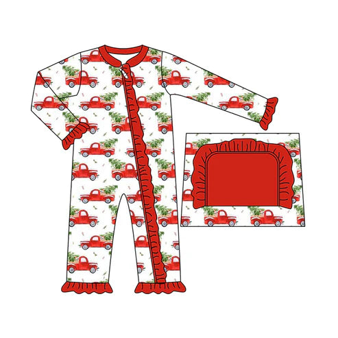 6.27 LR2356 Baby Girls Long Ruffle Sleeves Car Trees Zipper Pant Rompers Preorder
