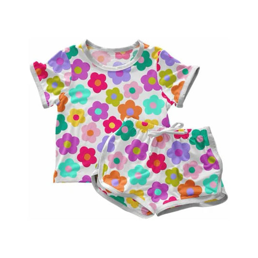 L-3.6 GSSO2142 Baby Girls Colorful Flowers Top Shorts Clothes Sets Preorder