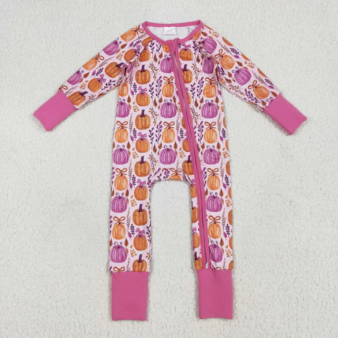 11.1 Sibling Baby Kids Hot Pink Pumpkins Floral Pajamas Sets Zipper Footie Rompers Blankets