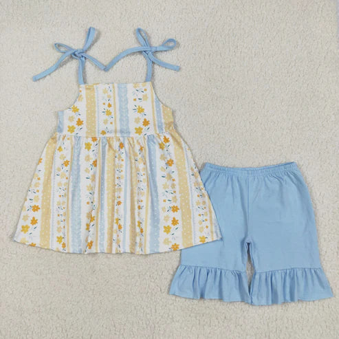 5.15 GSSO2302 Baby Girls Blue Strap Yellow Floral Stripe Tunic Ruffle Short Set