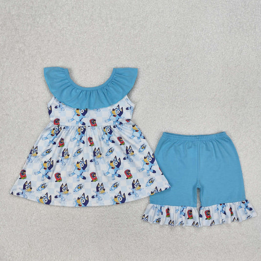 3.17 GSSO1886 Baby Girls Cartoon Dogs Tunic Ruffle Shorts Clothes Set