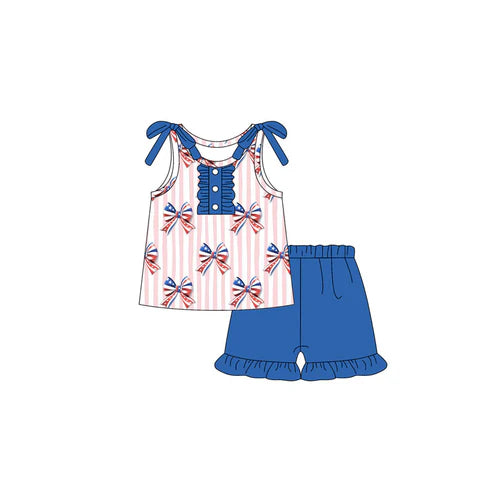 4.12 GSSO2599 Baby Girls Sleeveless Button Bows Top Blur Short 4th Of July Set Preorder