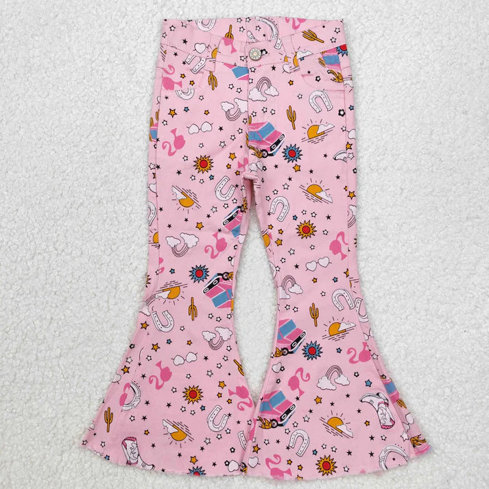 L-3.7  P0407 Baby Girls Pink Doll Western Bell Flare Denim Pants