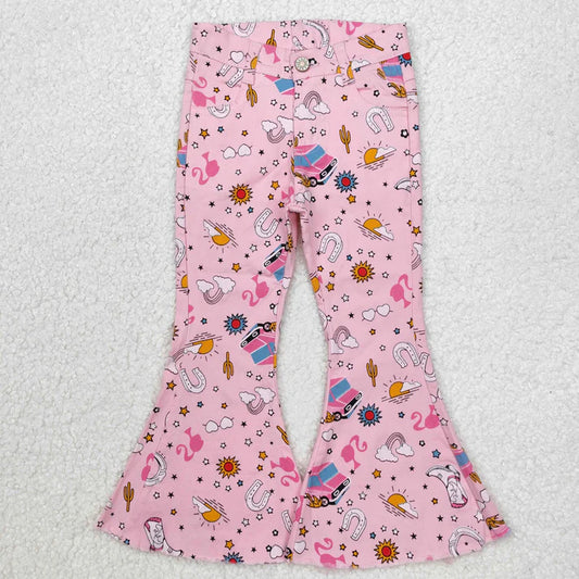 L-3.7 P0407 Baby Girls Pink Doll Western Bell Flare Denim Pants