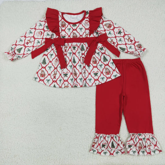 8.15 GLP2525 Baby Girls Long Sleeves Trees Bows Plaid Tunic Ruffle Pant Clothes Set