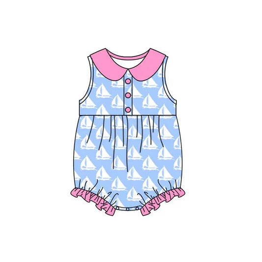 3.23 SR2951 Baby Infant Girls Blue Sleeveless Button Boats Ruffle Rompers Preorder