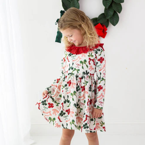 5.10 GLD1036 Baby Girls Long Sleeves Colorful Bows Christmas Knee Length Dresses Preorder
