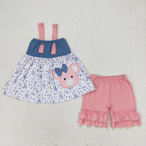 6.17 GSSO0493 Bow pig floral top pink lace shorts suit
