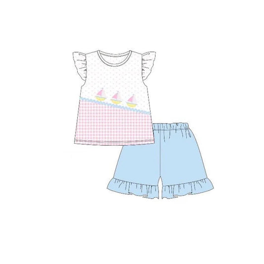 12.15 MOQ：5pcs GSSO2998 pre-order baby girl clothes sailing boat print toddler girl summer outfit