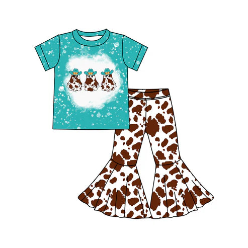 5.10 GSPO2024 Baby Girls Blue Short Sleeves Hats Ghosts Top Cow Print Bell Bottom Pants Set Preorder
