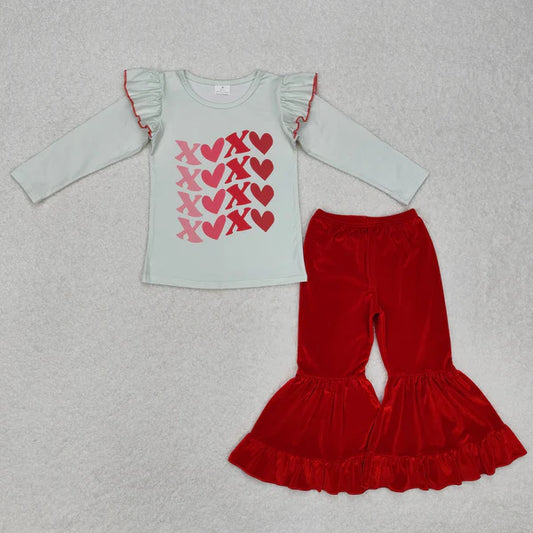 3.18 GT0441+P0417 Baby Girls White Valentines XOXO Shirt Top Velvet Bell Pants Clothes Set