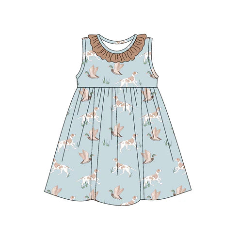 3.22GSD2215 Baby Girls Blue Sleeveless Dogs Ducks Round Collar Knee Length Dresses Preorder