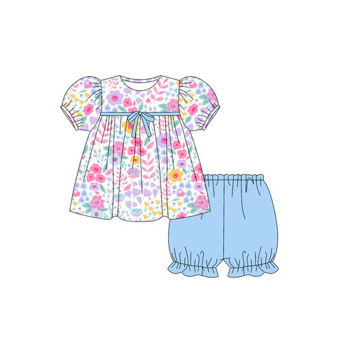 6.13  GSSO2642 Baby Girls Short Ruffle Sleeves Floral Tunic Blue Short Set Preorder