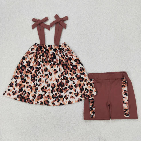 4.2 GSSO2352 Baby Girls Brown Bows Strap Leopard Tunic Ruffle Short Set