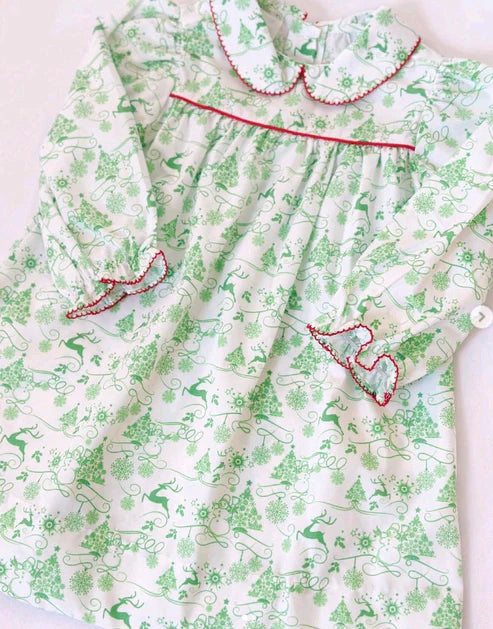 9.29 GLD1345 Baby Girls Green Deer Snowmen Christmas Knee Length Dresses Preorder