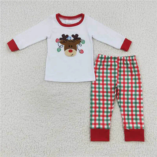 L-3.2 BLP0218 Embroidery lantern deer white long sleeve red green check