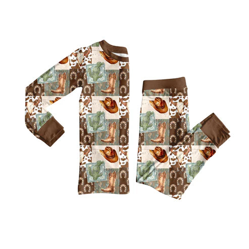 6.27 BLP1152 Baby Boys Long Sleeves Cactus Boots Plaid Top Pant Pajamas Set Preorder