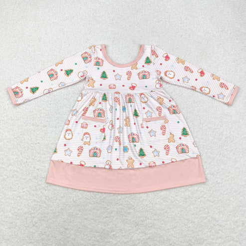 GLD0629 Christmas Snowman gingerbread crutch House pocket striped pink long-sleeved dress