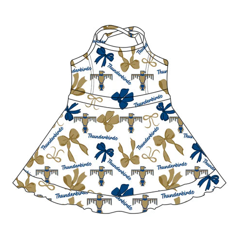 8.12 Custom Moq 5 Baby Girls Brown Blue Bows Thunderbirds Short Ruffle Team Knee Length Dresses