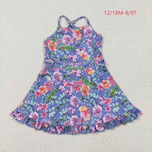 6.2 GSD2279 Baby Girls Purple Strap Floral Yoga Ruffle Knee Length Dress