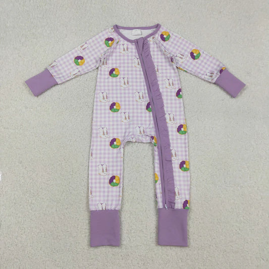 12.13 LR2783 Baby Girls Mardigras Boots Donuts Checked Two Way Ruffle Zip Convertible Romper