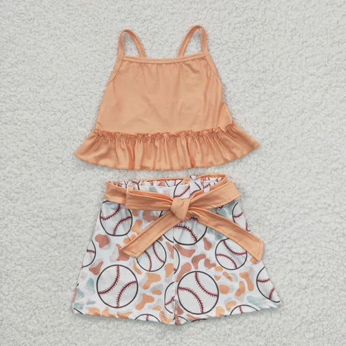 4.14 RTS NO MOQ GSSO0172 Girls Baseball Orange Tank Top Shorts Set