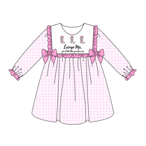 6.19 GLD1031 Baby Girls Pink Plaid Boots Bows Knee Length Dresses Preorder