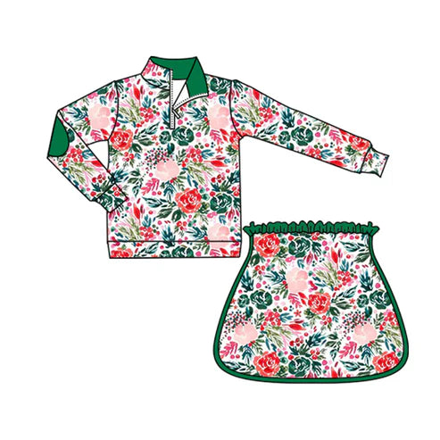 6.14 GLD1075 Baby Girls Long Sleeves Green Red Floral Zipper Top Skirts Set Preorder