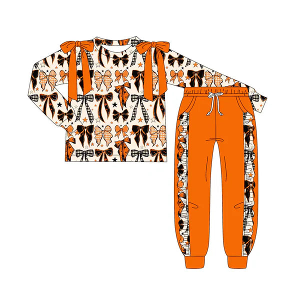 7.9 Custom Moq 3 Baby Girls Long Sleeves Colorful Bows Stars Plaid Top Pockets Legging Pants Set