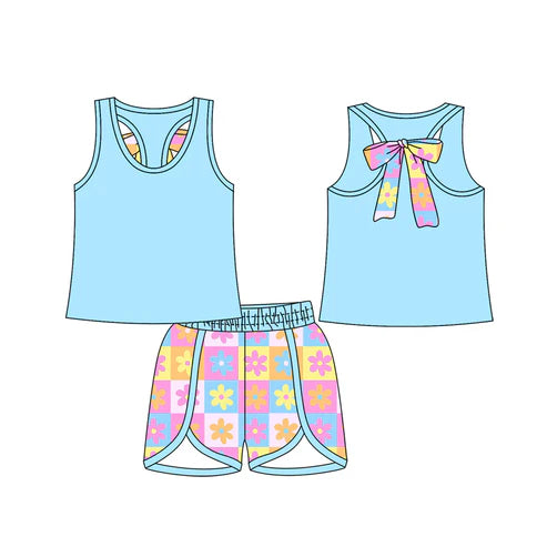 6.19  GSSO2622 Baby Girls Blue Sleeveless Bow Vest Top Flowers Plaid Shorts Set Preorder